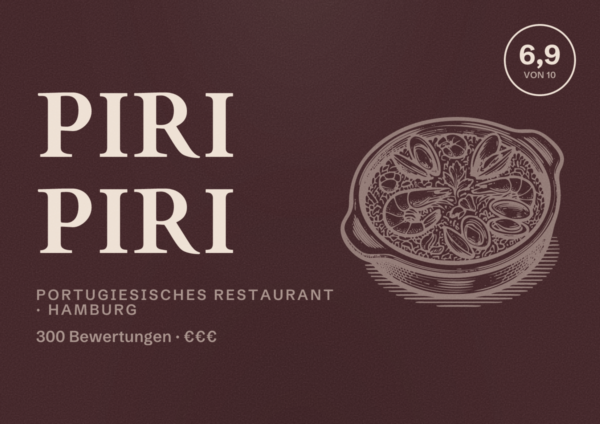 Illustriertes Poster von Piri Piri, Portugiesisches Restaurant in Hamburg: Bewertung 6,9 von 10 aus 300 Bewertungen, Preisniveau €€€