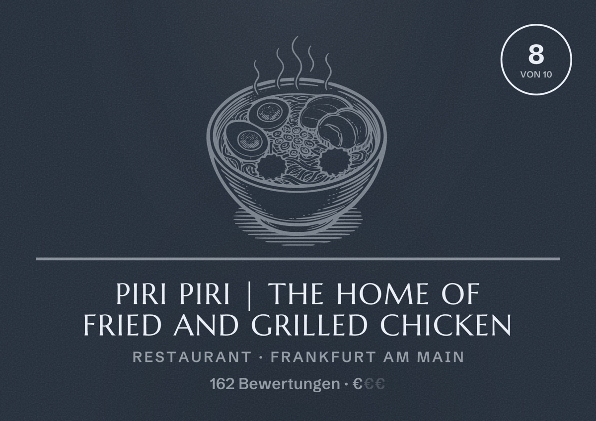 Illustriertes Poster von Piri Piri | The Home of Fried and Grilled Chicken, Restaurant in Frankfurt am Main: Bewertung 8,0 von 10 aus 162 Bewertungen, Preisniveau €