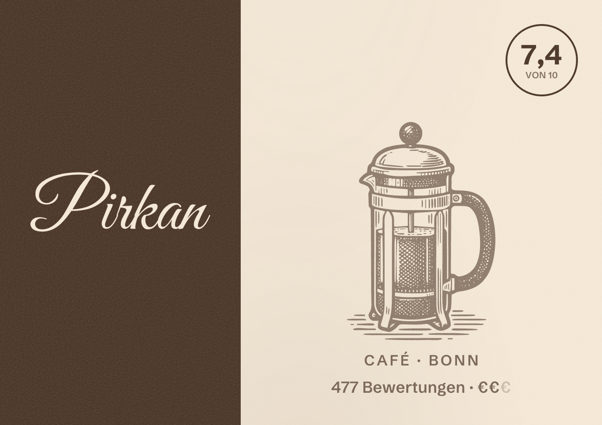 Illustriertes Poster von Pirkan, Café in Bonn: Bewertung 7,4 von 10 aus 477 Bewertungen, Preisniveau €€