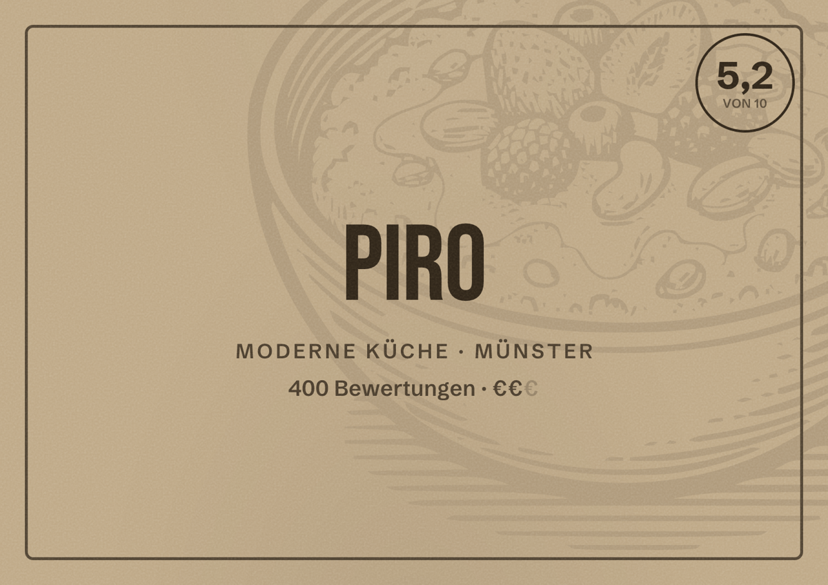 Illustriertes Poster von PIRO, Moderne Küche in Münster: Bewertung 5,2 von 10 aus 400 Bewertungen, Preisniveau €€