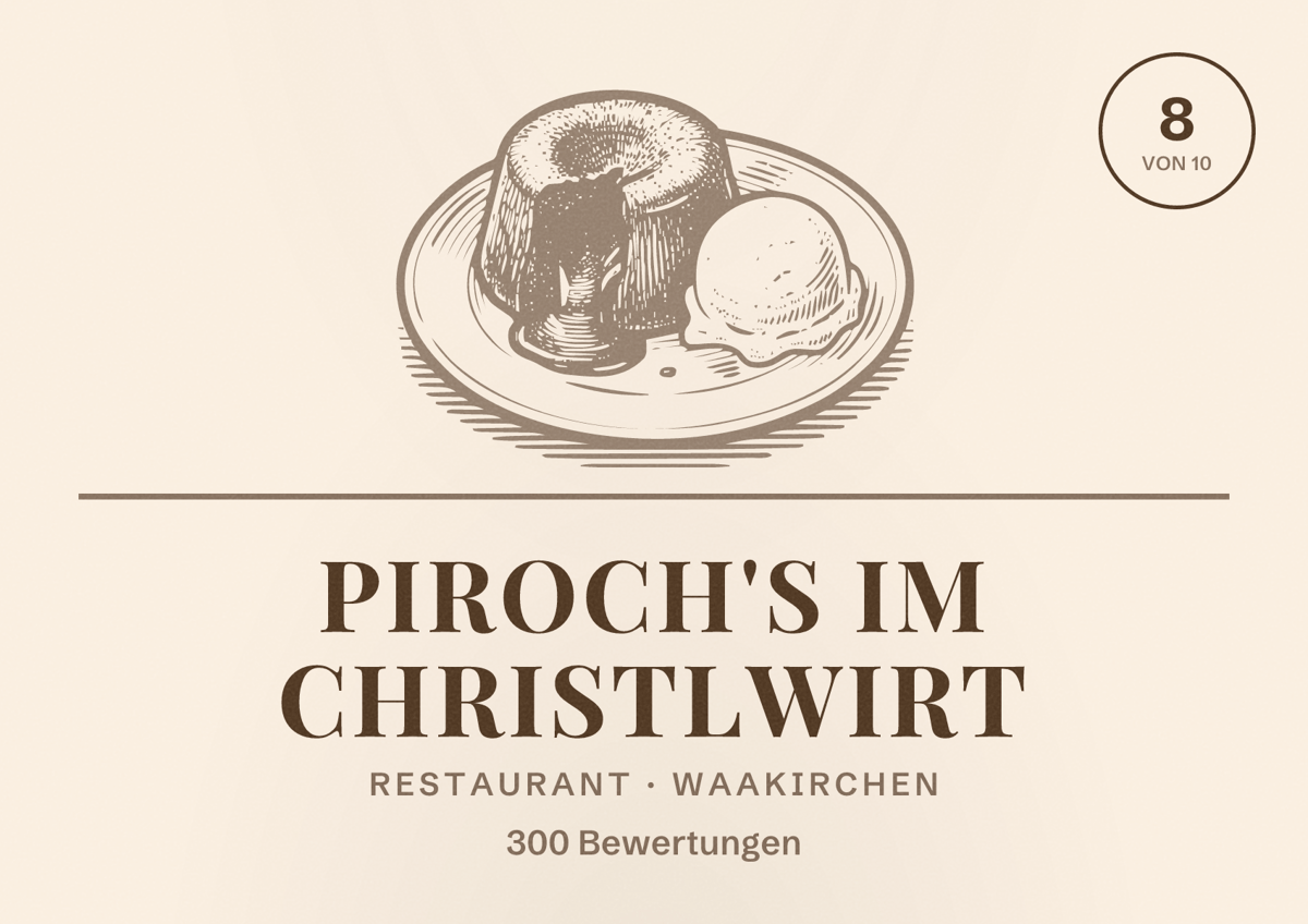 Illustriertes Poster von Piroch's im Christlwirt, Restaurant in Waakirchen: Bewertung 8 von 10 aus 300 Bewertungen