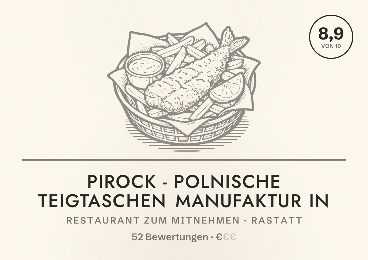 Illustriertes Poster von PiRock - polnische Teigtaschen Manufaktur in, Restaurant zum Mitnehmen in Rastatt: Bewertung 8,9 von 10 aus 52 Bewertungen, Preisniveau €