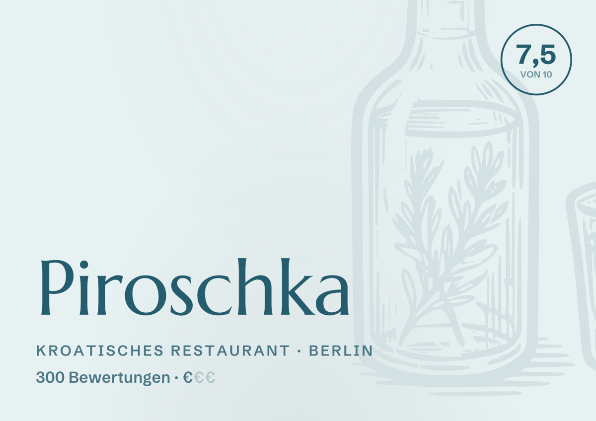Illustriertes Poster von Piroschka, Kroatisches Restaurant in Berlin: Bewertung 7,5 von 10 aus 300 Bewertungen, Preisniveau €