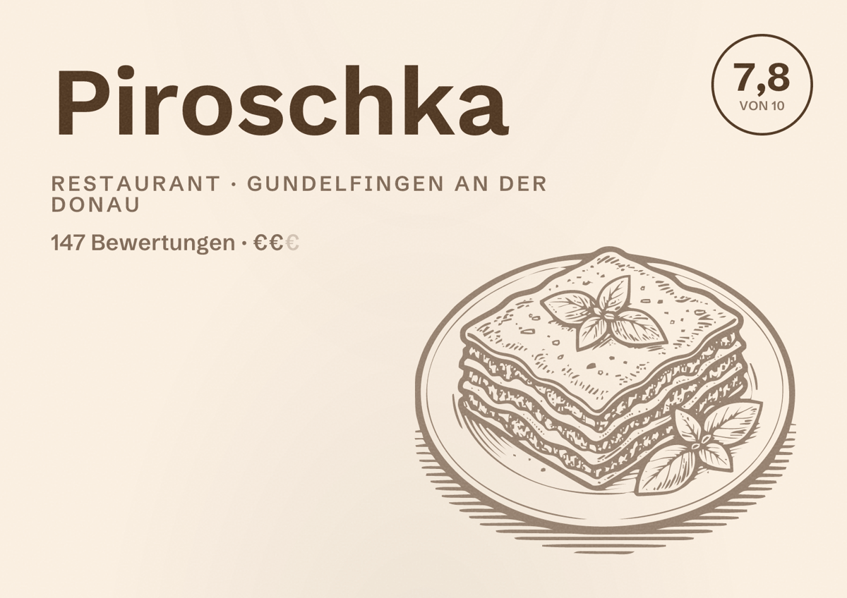 Illustriertes Poster von Piroschka, Restaurant in Gundelfingen an der Donau: Bewertung 7,8 von 10 aus 147 Bewertungen, Preisniveau €€