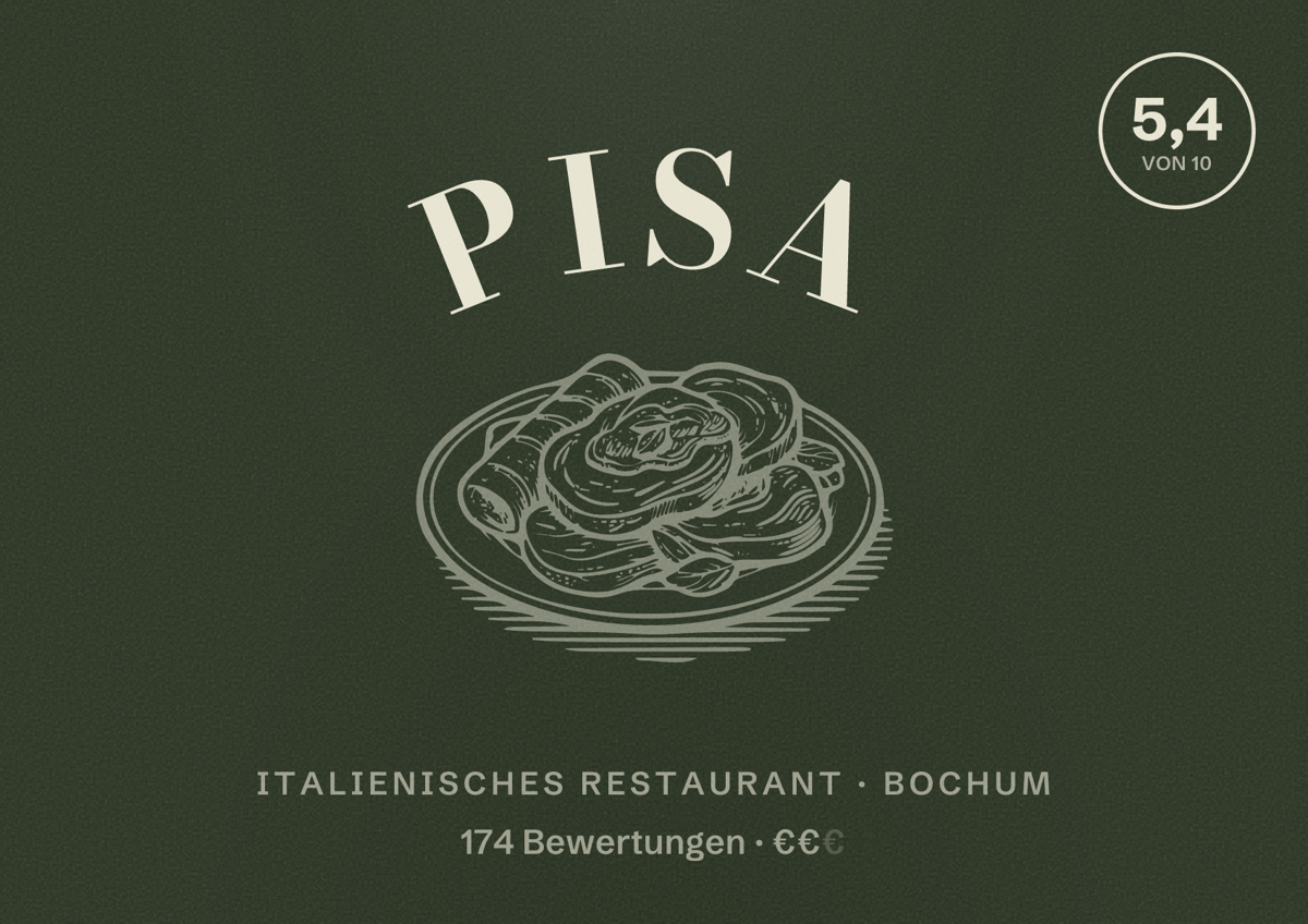 Illustriertes Poster von Pisa, Italienisches Restaurant in Bochum: Bewertung 5,4 von 10 aus 174 Bewertungen, Preisniveau €€