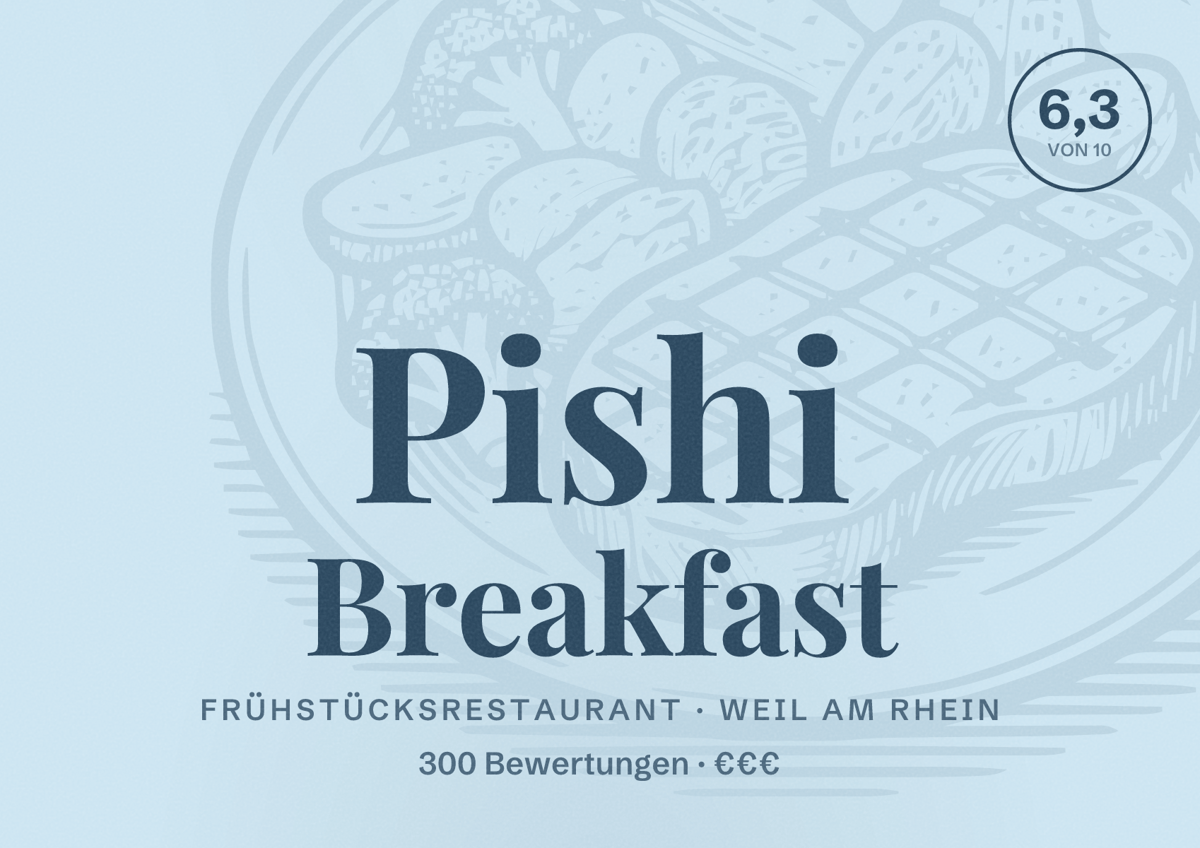 Illustriertes Poster von Pishi Breakfast, Frühstücksrestaurant in Weil am Rhein: Bewertung 6,3 von 10 aus 300 Bewertungen, Preisniveau €€€