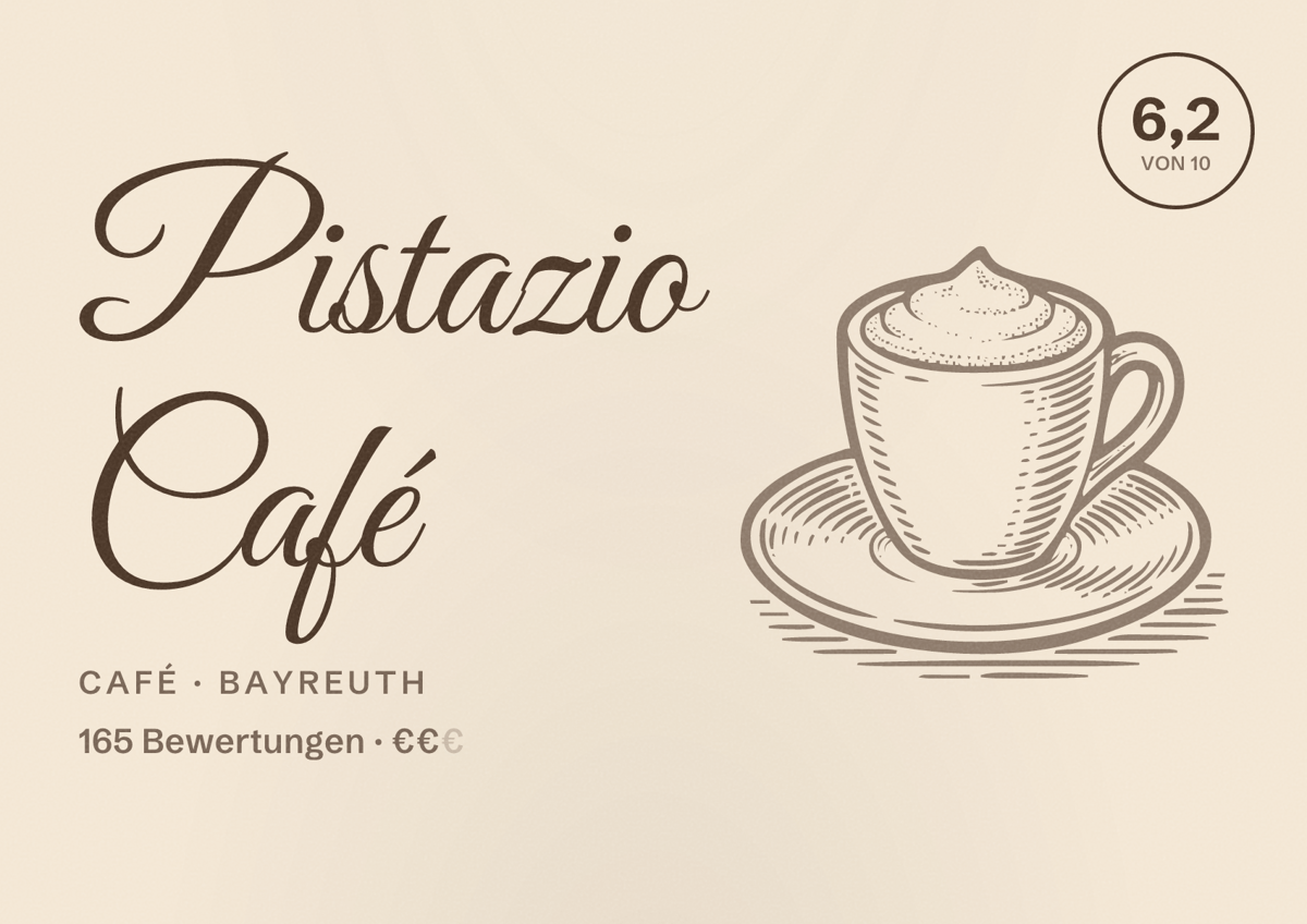 Illustriertes Poster von Pistazio Café, Café in Bayreuth: Bewertung 6,2 von 10 aus 165 Bewertungen, Preisniveau €€
