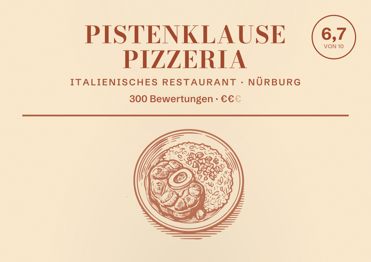 Illustriertes Poster von Pistenklause Pizzeria, Italienisches Restaurant in Nürburg: Bewertung 6,7 von 10 aus 300 Bewertungen, Preisniveau €€