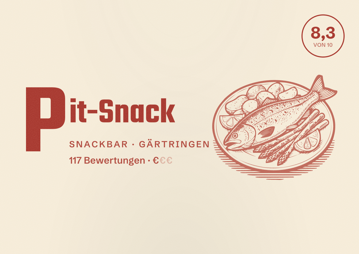 Illustriertes Poster von Pit-Snack, Snackbar in Gärtringen: Bewertung 8,3 von 10 aus 117 Bewertungen, Preisniveau €