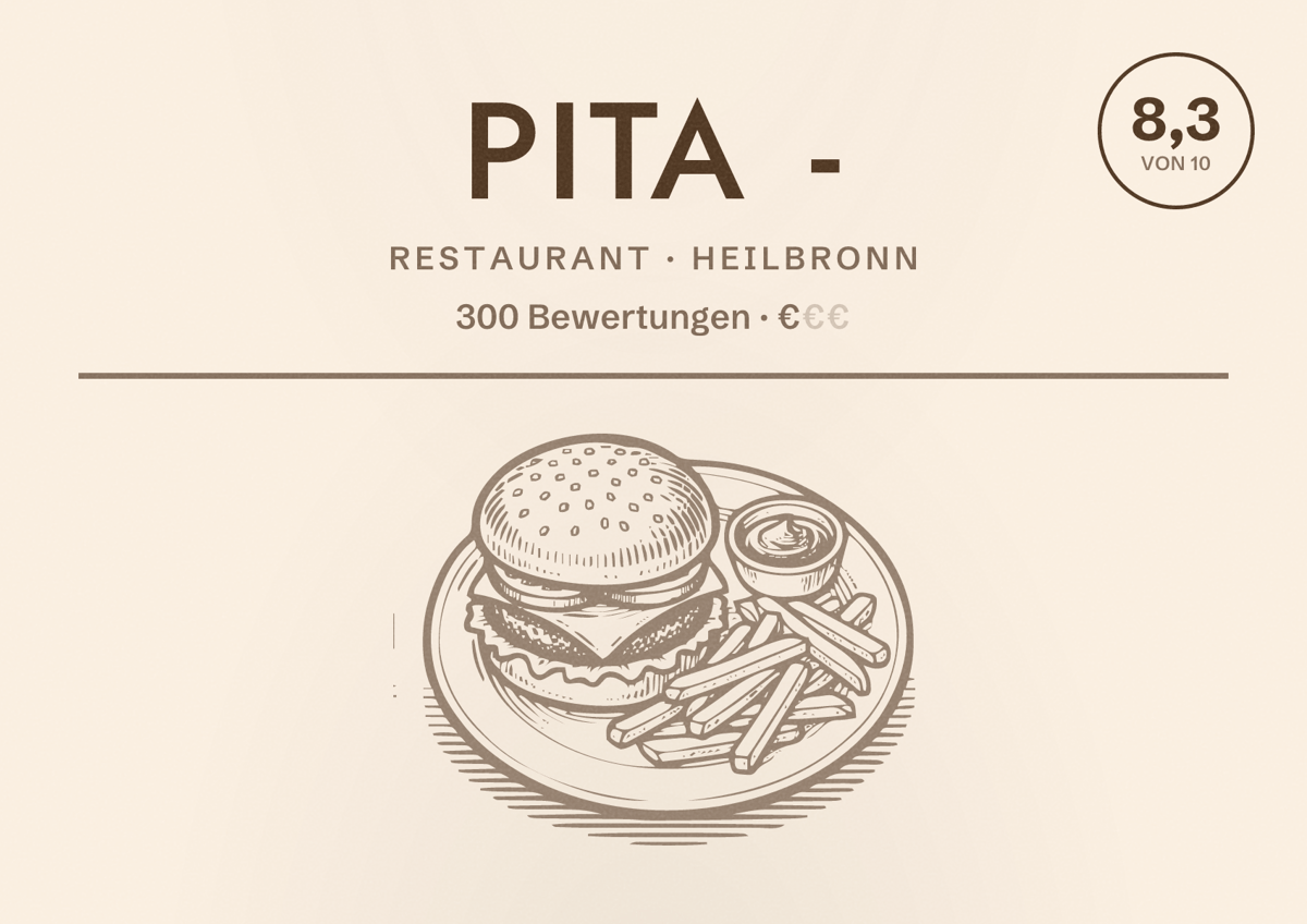 Illustriertes Poster von Pita -, Restaurant in Heilbronn: Bewertung 8,3 von 10 aus 300 Bewertungen, Preisniveau €