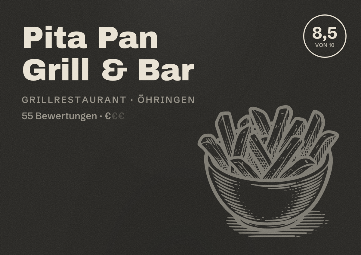 Illustriertes Poster von Pita Pan Grill & Bar, Grillrestaurant in Öhringen: Bewertung 8,5 von 10 aus 55 Bewertungen, Preisniveau €