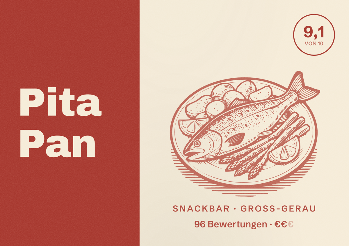 Illustriertes Poster von Pita Pan, Snackbar in Groß-Gerau: Bewertung 9,1 von 10 aus 96 Bewertungen, Preisniveau €€