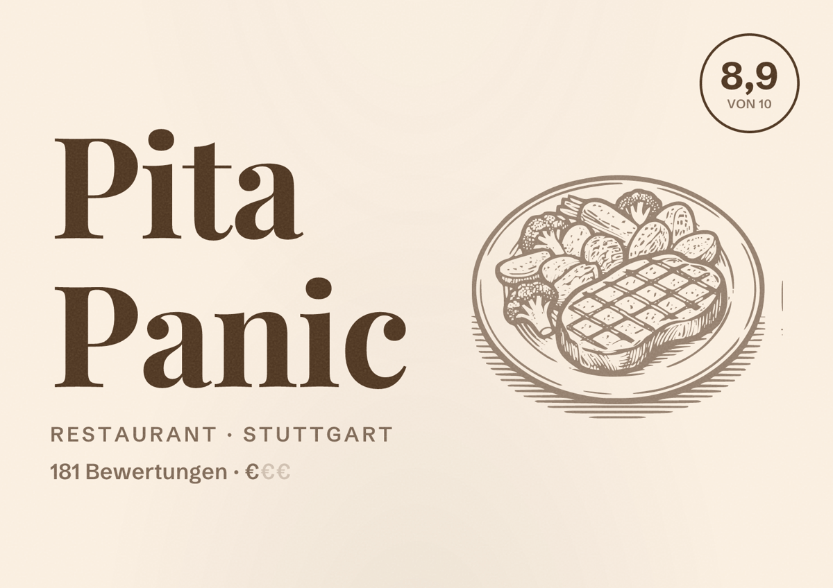 Illustriertes Poster von Pita Panic, Restaurant in Stuttgart: Bewertung 8,9 von 10 aus 181 Bewertungen, Preisniveau €