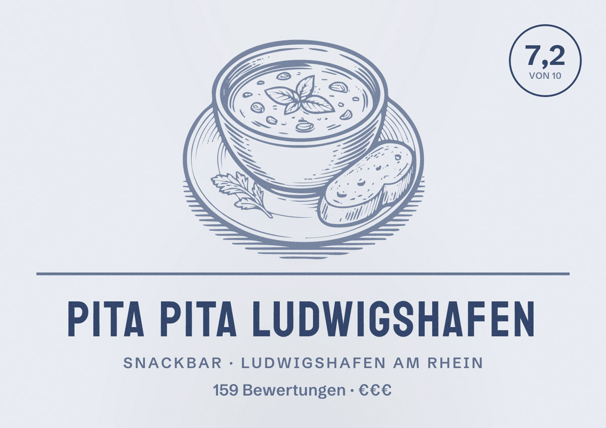 Illustriertes Poster von Pita Pita Ludwigshafen, Snackbar in Ludwigshafen am Rhein: Bewertung 7,2 von 10 aus 159 Bewertungen, Preisniveau €€€
