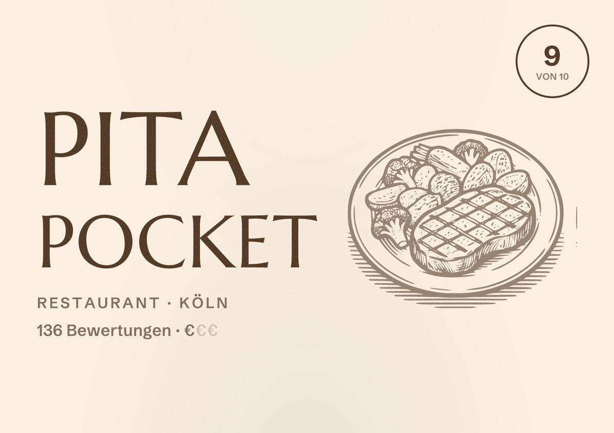 Illustriertes Poster von Pita Pocket, Restaurant in Köln: Bewertung 9,0 von 10 aus 136 Bewertungen, Preisniveau €