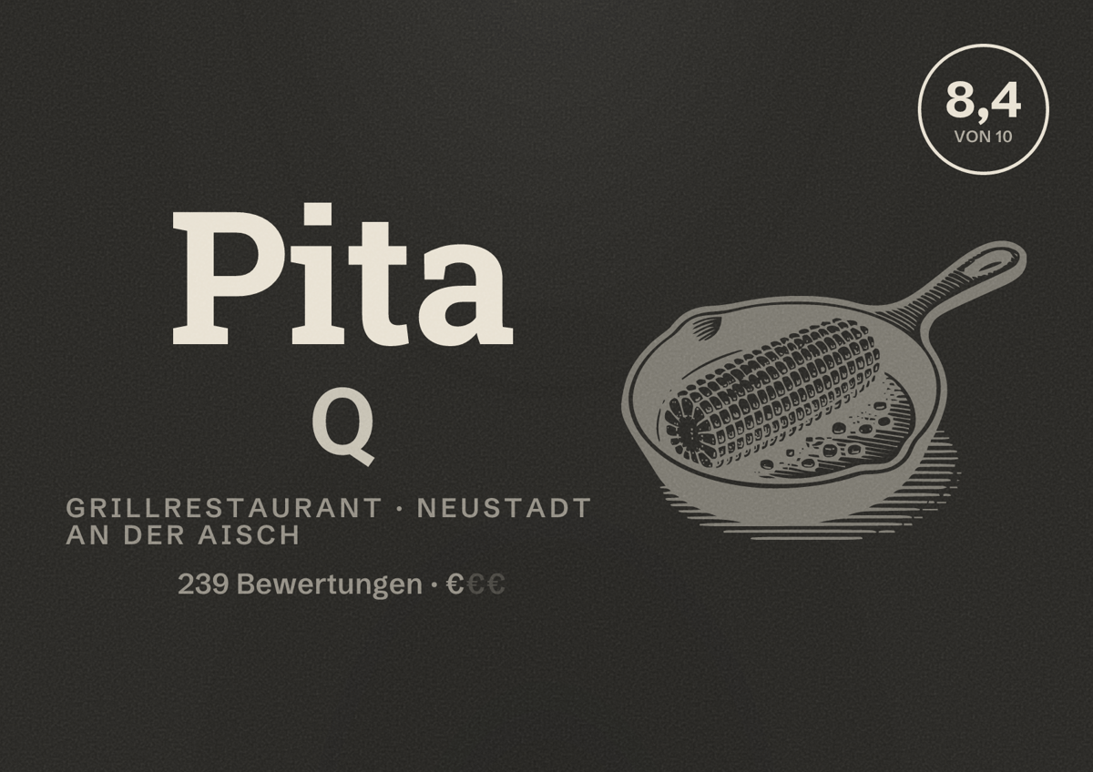 Illustriertes Poster von Pita Q, Grillrestaurant in Neustadt an der Aisch: Bewertung 8,4 von 10 aus 239 Bewertungen, Preisniveau €