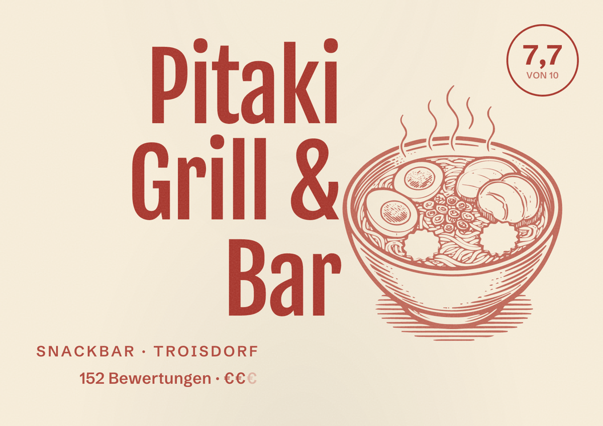 Illustriertes Poster von Pitaki Grill & Bar, Snackbar in Troisdorf: Bewertung 7,7 von 10 aus 152 Bewertungen, Preisniveau €€