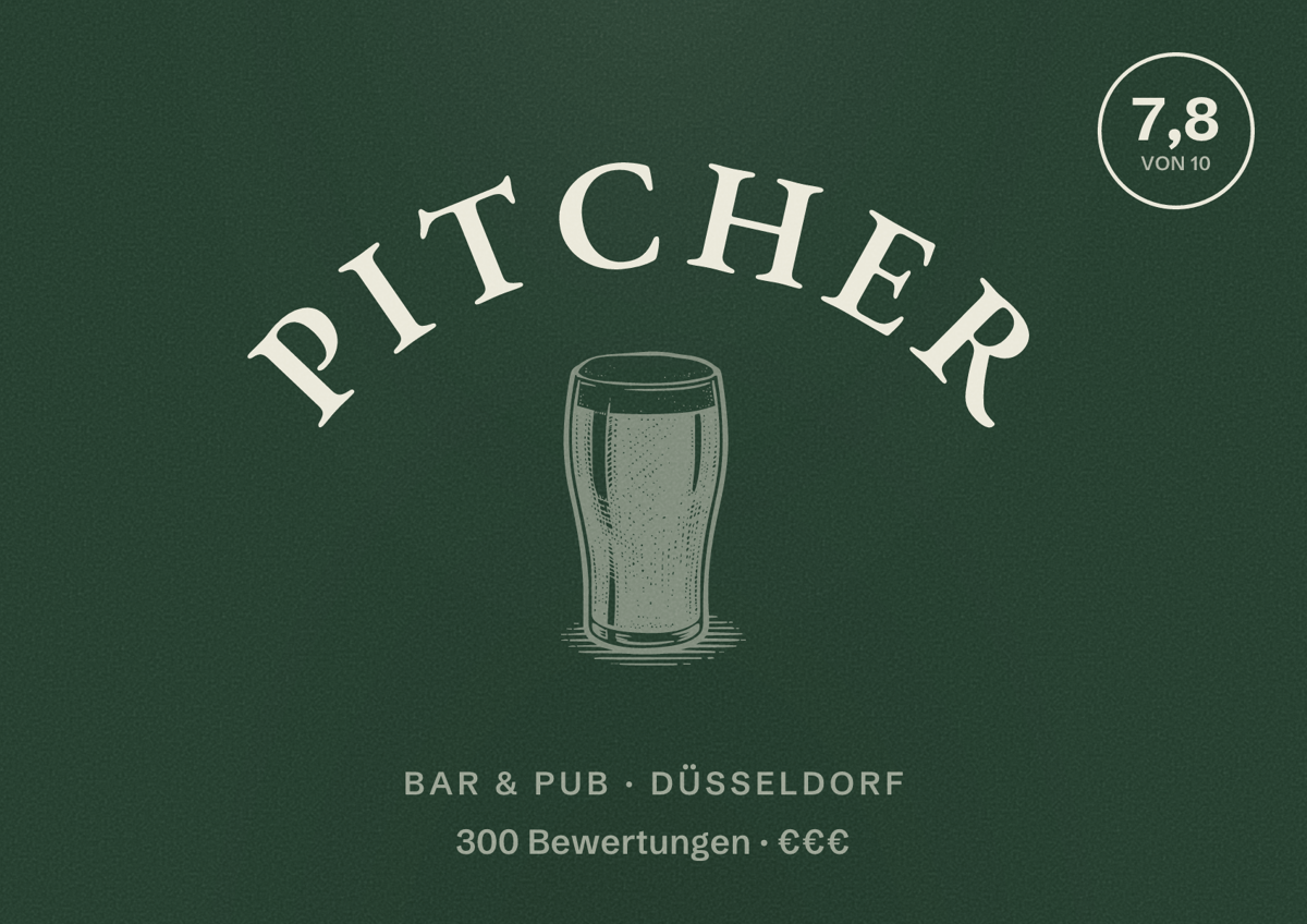 Illustriertes Poster von Pitcher, Bar & Pub in Düsseldorf: Bewertung 7,8 von 10 aus 300 Bewertungen, Preisniveau €€€