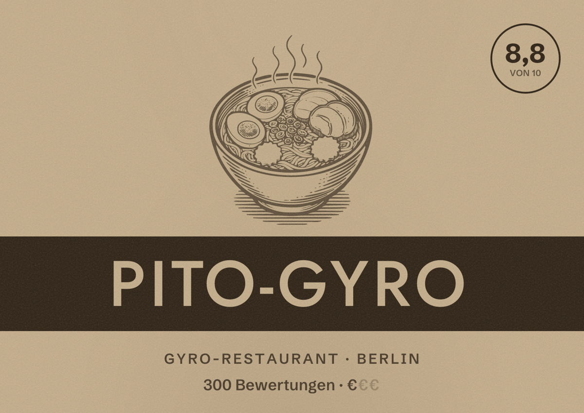 Illustriertes Poster von Pito-Gyro, Gyro-Restaurant in Berlin: Bewertung 8,8 von 10 aus 300 Bewertungen, Preisniveau €