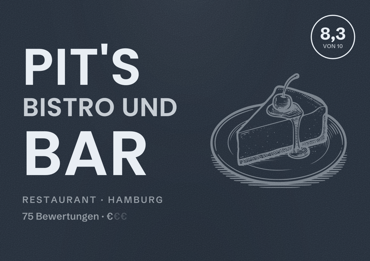Illustriertes Poster von PIT's Bistro und Bar, Restaurant in Hamburg: Bewertung 8,3 von 10 aus 75 Bewertungen, Preisniveau €
