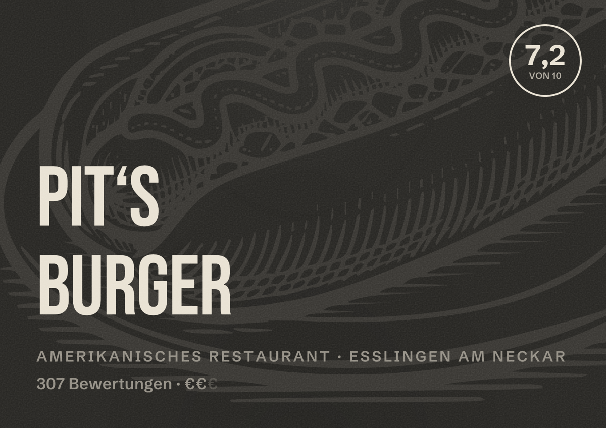 Illustriertes Poster von Pit‘s Burger, Amerikanisches Restaurant in Esslingen am Neckar: Bewertung 7,2 von 10 aus 307 Bewertungen, Preisniveau €€