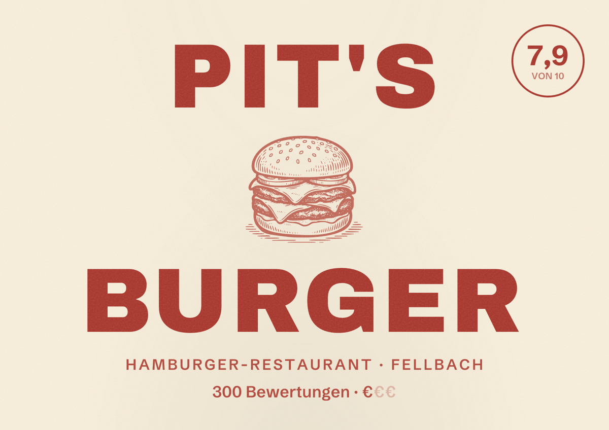 Illustriertes Poster von Pit's Burger, Hamburger-Restaurant in Fellbach: Bewertung 7,9 von 10 aus 300 Bewertungen, Preisniveau €