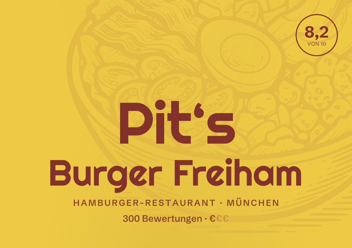 Illustriertes Poster von Pit‘s Burger Freiham, Hamburger-Restaurant in München: Bewertung 8,2 von 10 aus 300 Bewertungen, Preisniveau €