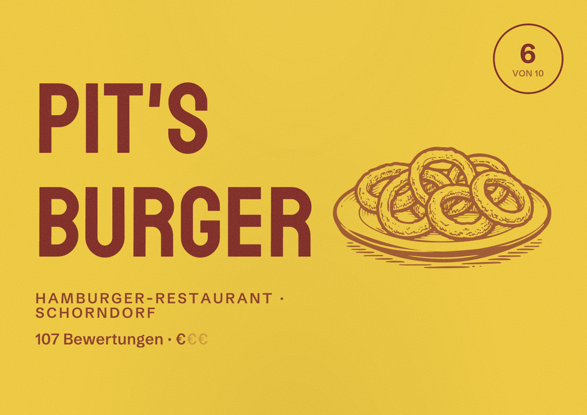 Illustriertes Poster von Pit's Burger, Hamburger-Restaurant in Schorndorf: Bewertung 6 von 10 aus 107 Bewertungen, Preisniveau €