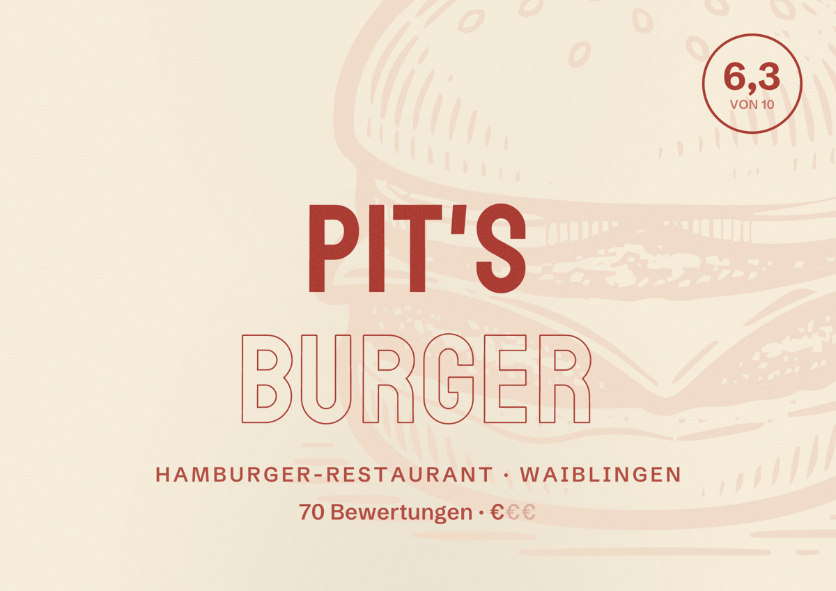 Illustriertes Poster von Pit's Burger, Hamburger-Restaurant in Waiblingen: Bewertung 6,3 von 10 aus 70 Bewertungen, Preisniveau €