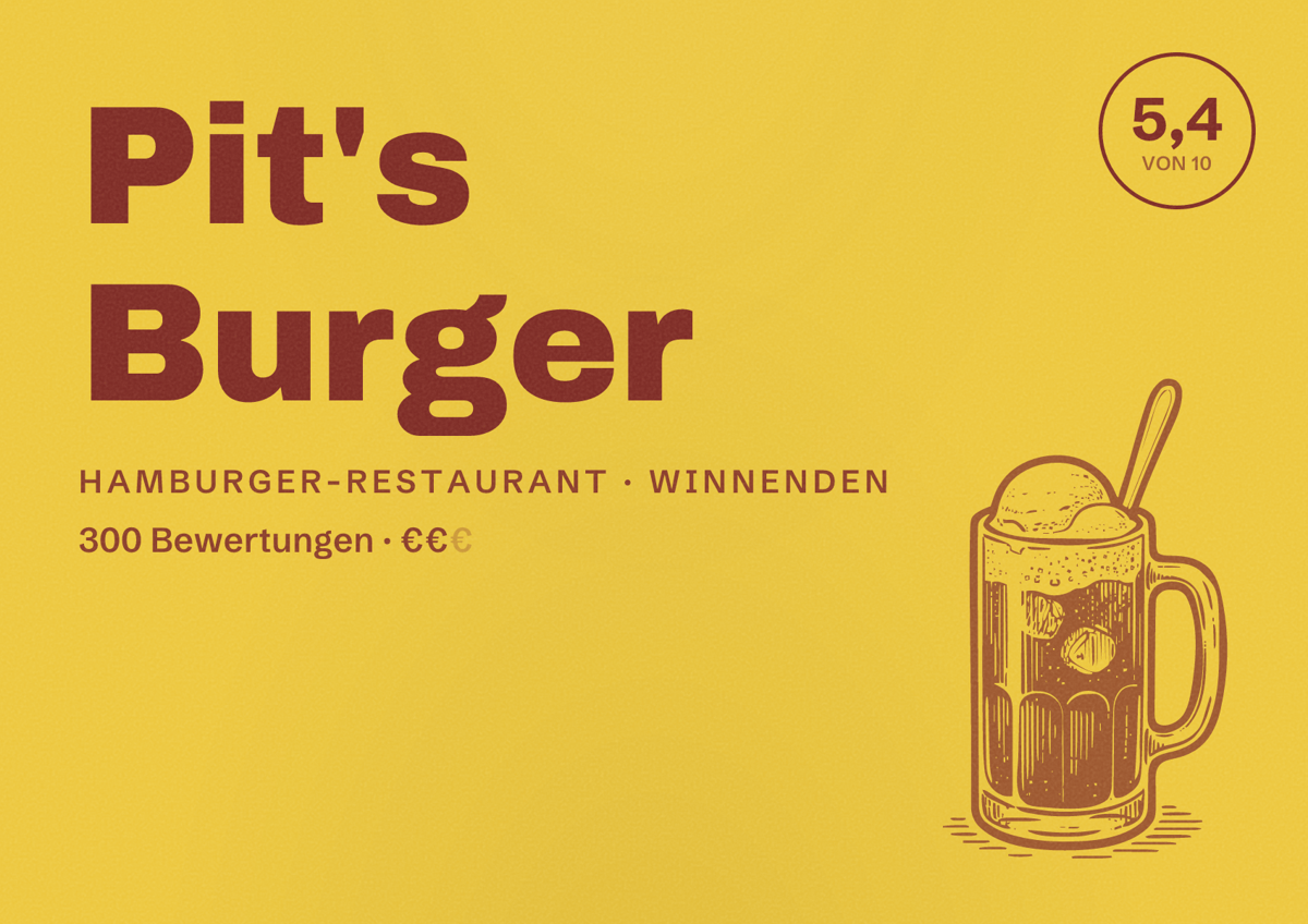 Illustriertes Poster von Pit's Burger, Hamburger-Restaurant in Winnenden: Bewertung 5,4 von 10 aus 300 Bewertungen, Preisniveau €€