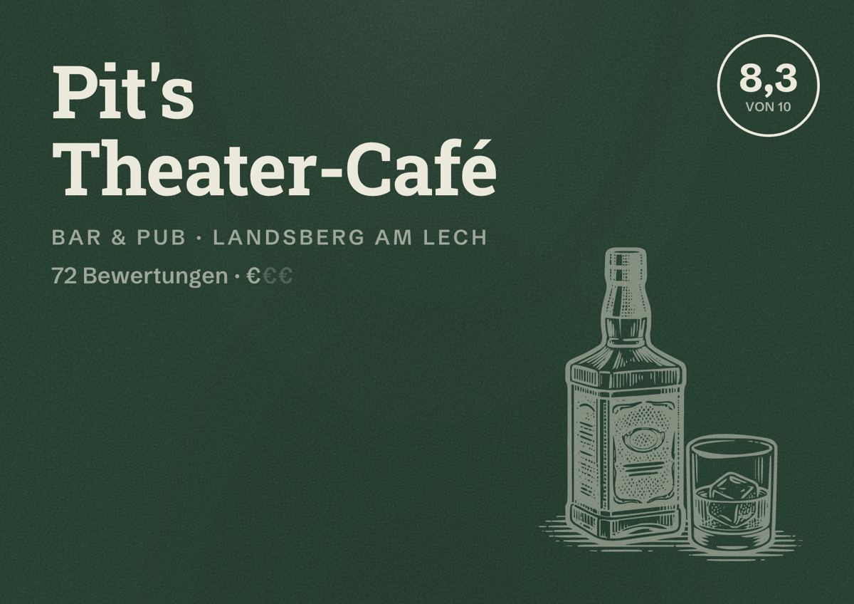 Illustriertes Poster von Pit's Theater-Café, Bar & Pub in Landsberg am Lech: Bewertung 8,3 von 10 aus 72 Bewertungen, Preisniveau €