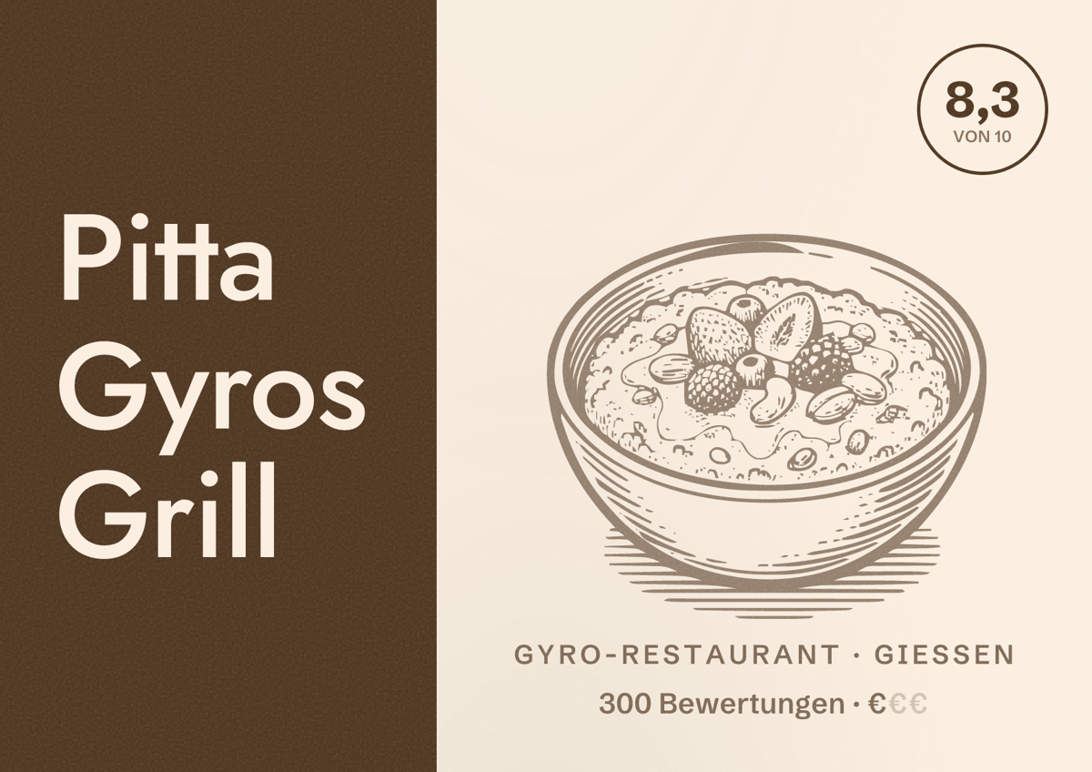 Illustriertes Poster von Pitta Gyros Grill, Gyro-Restaurant in Gießen: Bewertung 8,3 von 10 aus 300 Bewertungen, Preisniveau €