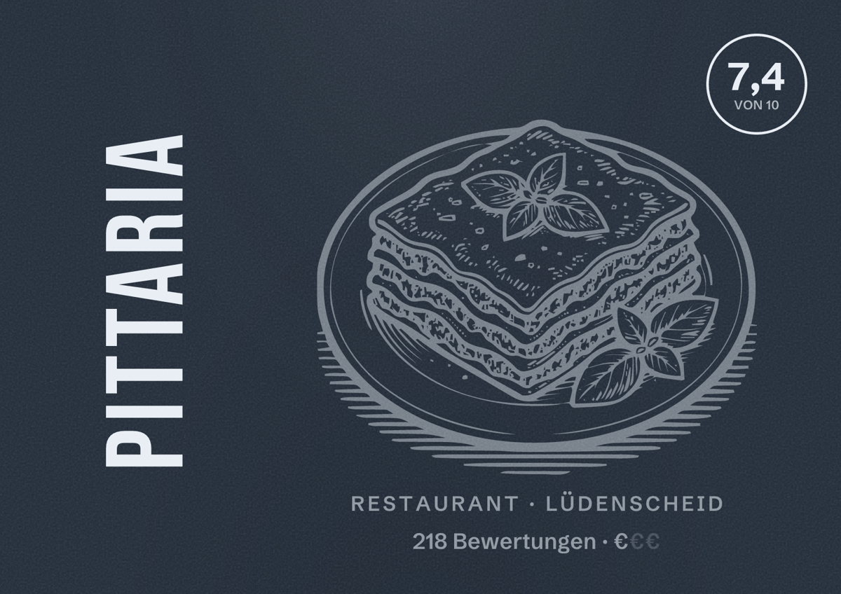 Illustriertes Poster von Pittaria, Restaurant in Lüdenscheid: Bewertung 7,4 von 10 aus 218 Bewertungen, Preisniveau €