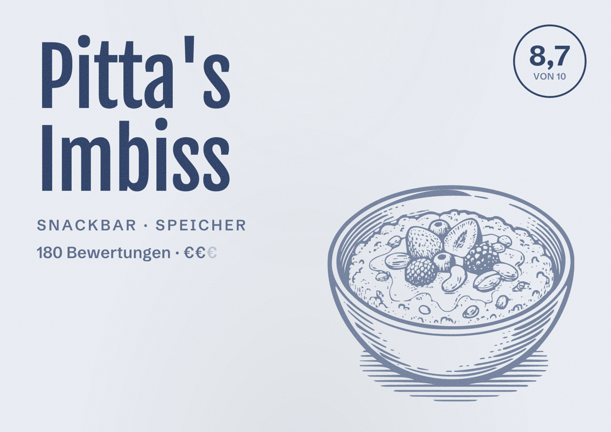 Illustriertes Poster von Pitta's Imbiss, Snackbar in Speicher: Bewertung 8,7 von 10 aus 180 Bewertungen, Preisniveau €€