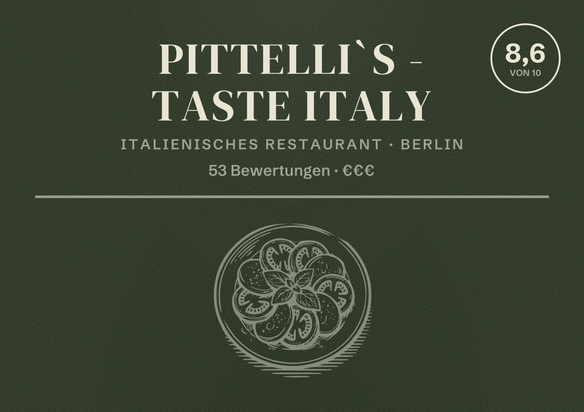 Illustriertes Poster von Pittelli`s - Taste Italy, Italienisches Restaurant in Berlin: Bewertung 8,6 von 10 aus 53 Bewertungen, Preisniveau €€€