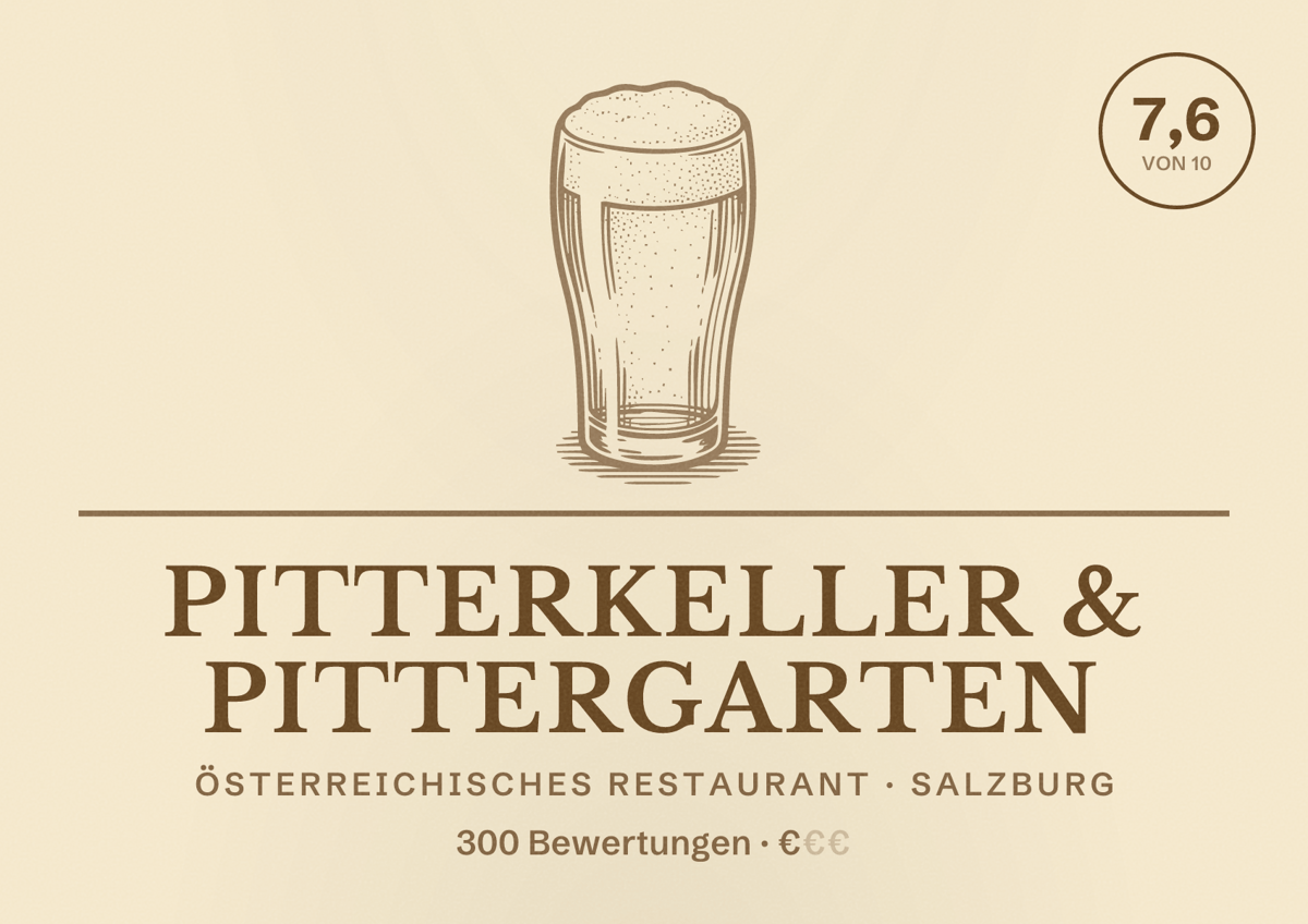 Illustriertes Poster von PitterKeller & PitterGarten, Österreichisches Restaurant in Salzburg: Bewertung 7,6 von 10 aus 300 Bewertungen, Preisniveau €