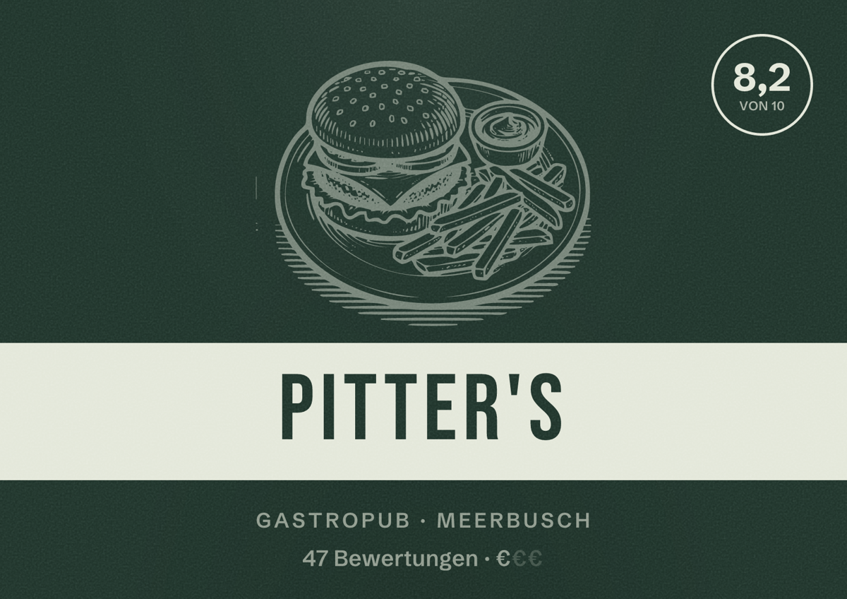 Illustriertes Poster von Pitter's, Gastropub in Meerbusch: Bewertung 8,2 von 10 aus 47 Bewertungen, Preisniveau €