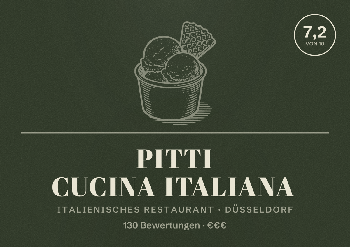 Illustriertes Poster von Pitti Cucina Italiana, Italienisches Restaurant in Düsseldorf: Bewertung 7,2 von 10 aus 130 Bewertungen, Preisniveau €€€