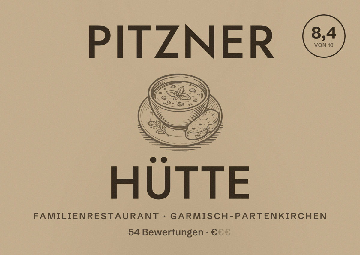 Illustriertes Poster von Pitzner Hütte, Familienrestaurant in Garmisch-Partenkirchen: Bewertung 8,4 von 10 aus 54 Bewertungen, Preisniveau €