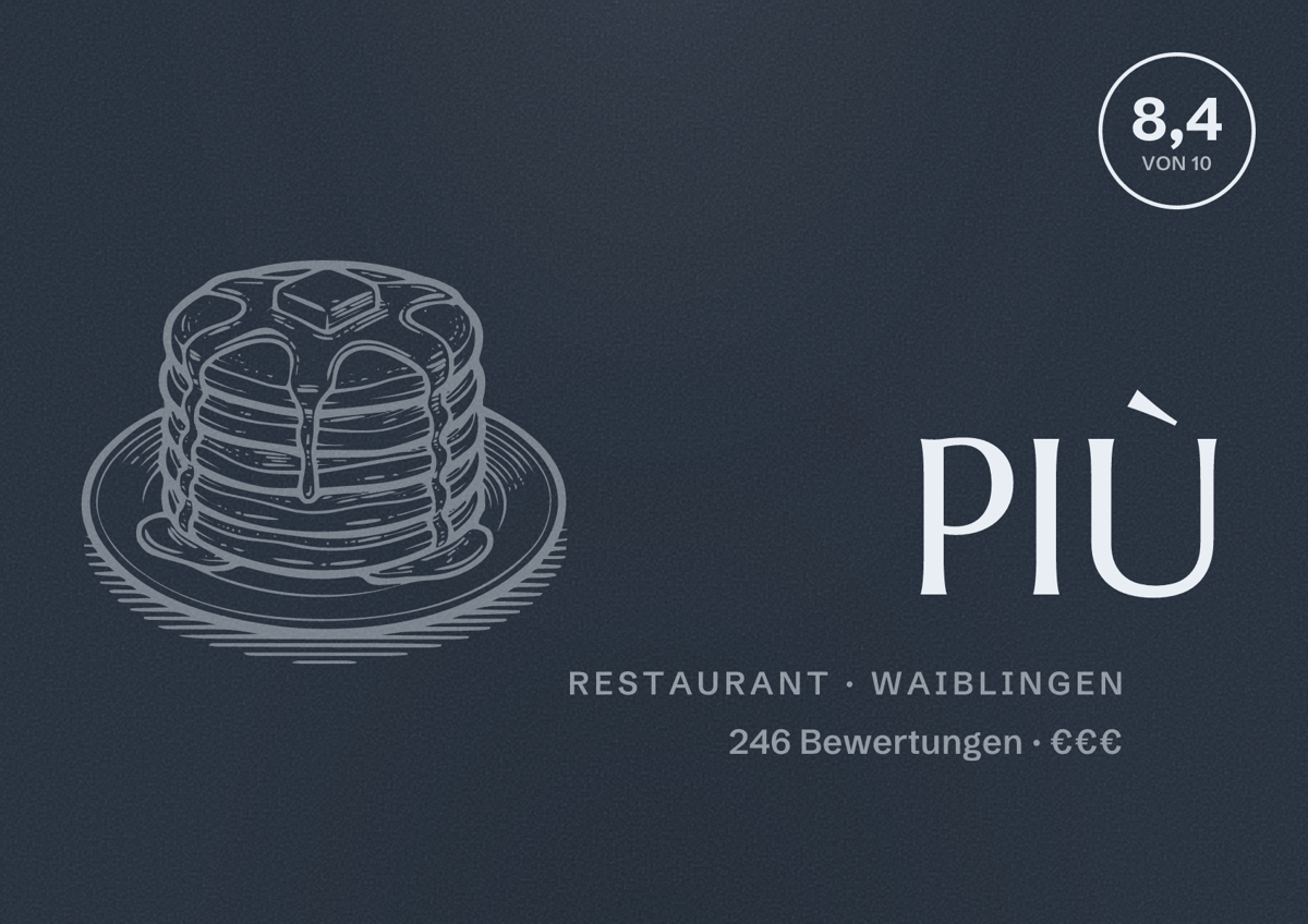 Illustriertes Poster von PIÙ, Restaurant in Waiblingen: Bewertung 8,4 von 10 aus 246 Bewertungen, Preisniveau €€€