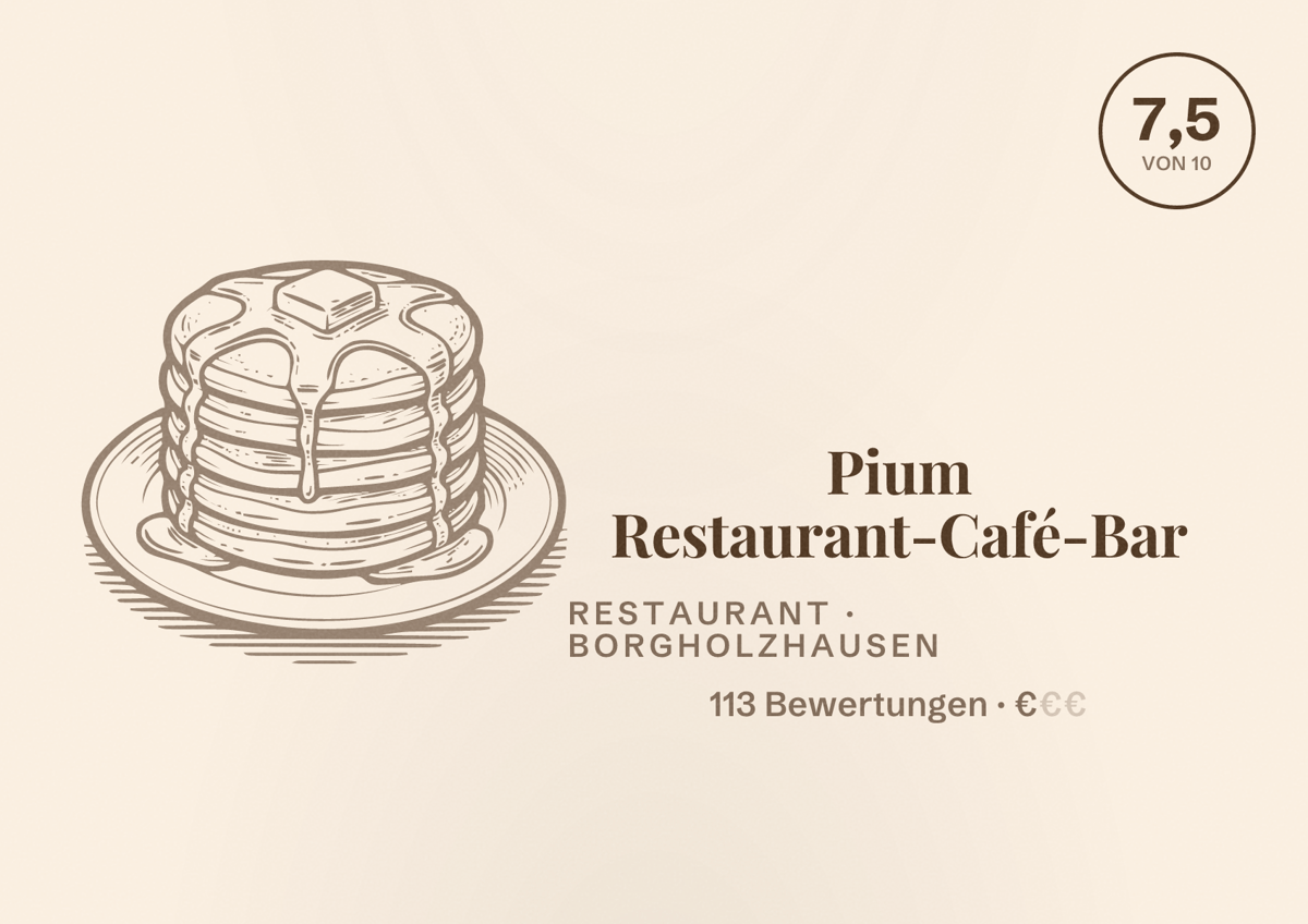 Illustriertes Poster von Pium Restaurant-Café-Bar, Restaurant in Borgholzhausen: Bewertung 7,5 von 10 aus 113 Bewertungen, Preisniveau €
