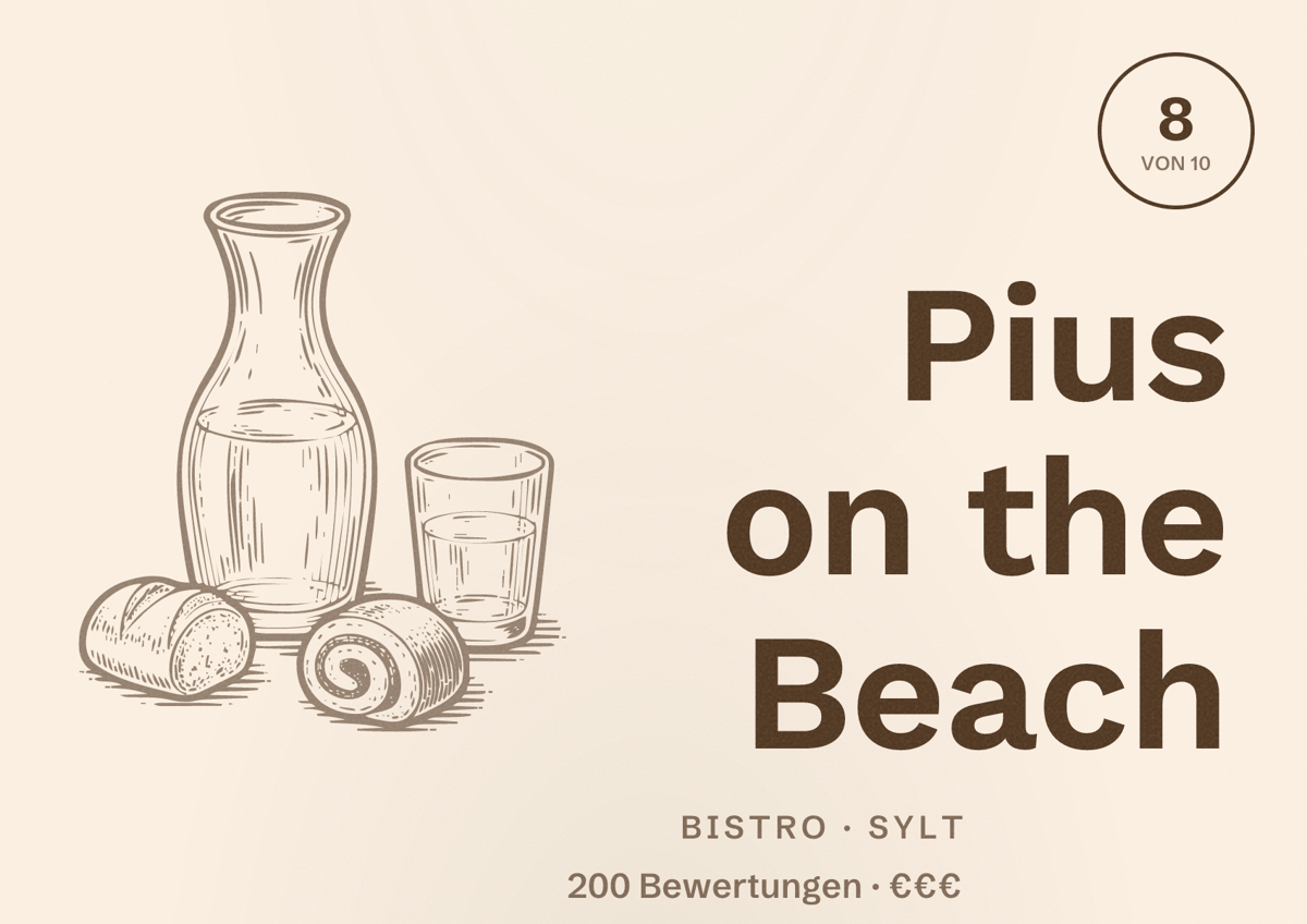 Illustriertes Poster von Pius on the Beach, Bistro in Sylt: Bewertung 8 von 10 aus 200 Bewertungen, Preisniveau €€€