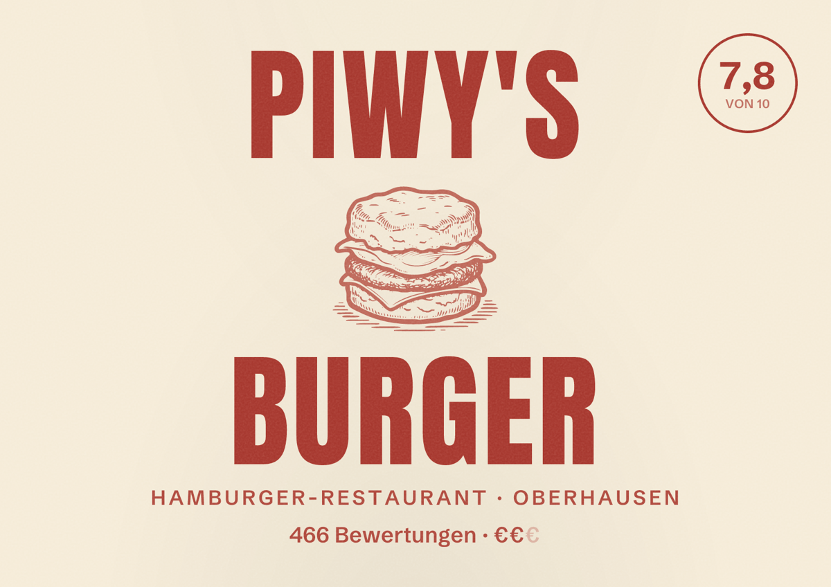 Illustriertes Poster von Piwy's Burger, Hamburger-Restaurant in Oberhausen: Bewertung 7,8 von 10 aus 466 Bewertungen, Preisniveau €€
