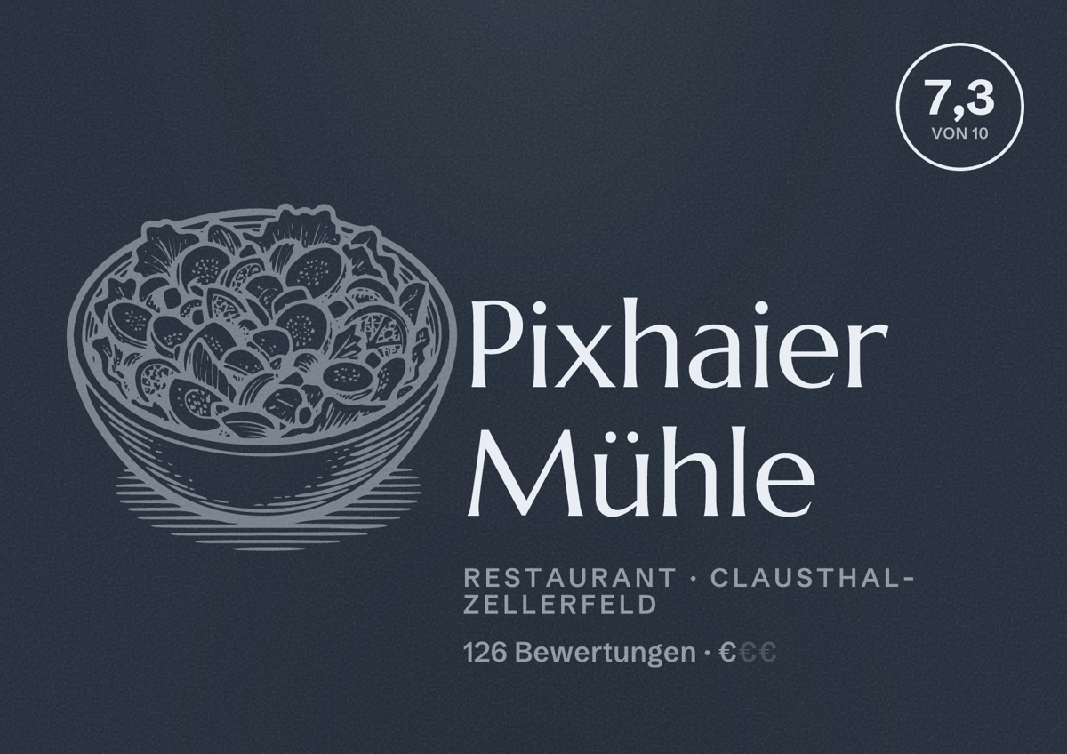 Illustriertes Poster von Pixhaier Mühle, Restaurant in Clausthal-Zellerfeld: Bewertung 7,3 von 10 aus 126 Bewertungen, Preisniveau €