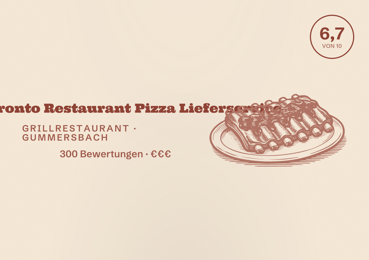 Illustriertes Poster von Piya Pronto Restaurant Pizza Lieferservice, Grillrestaurant in Gummersbach: Bewertung 6,7 von 10 aus 300 Bewertungen, Preisniveau €€€
