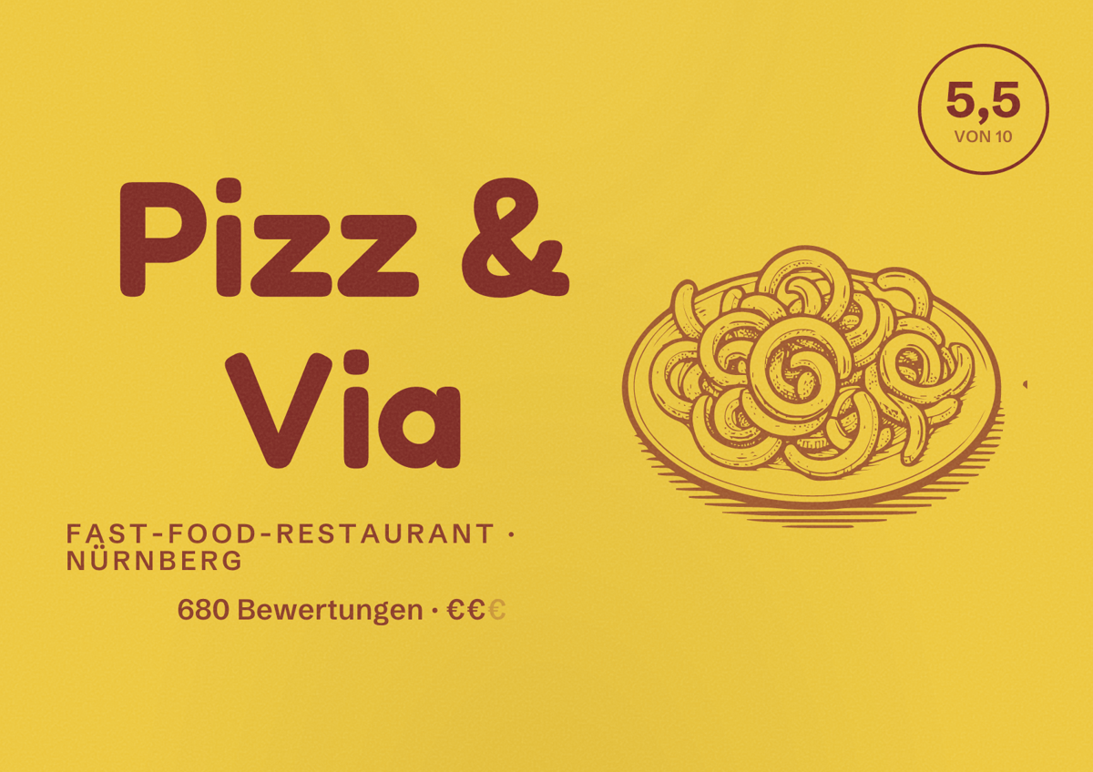 Illustriertes Poster von Pizz & Via, Fast-Food-Restaurant in Nürnberg: Bewertung 5,5 von 10 aus 680 Bewertungen, Preisniveau €€