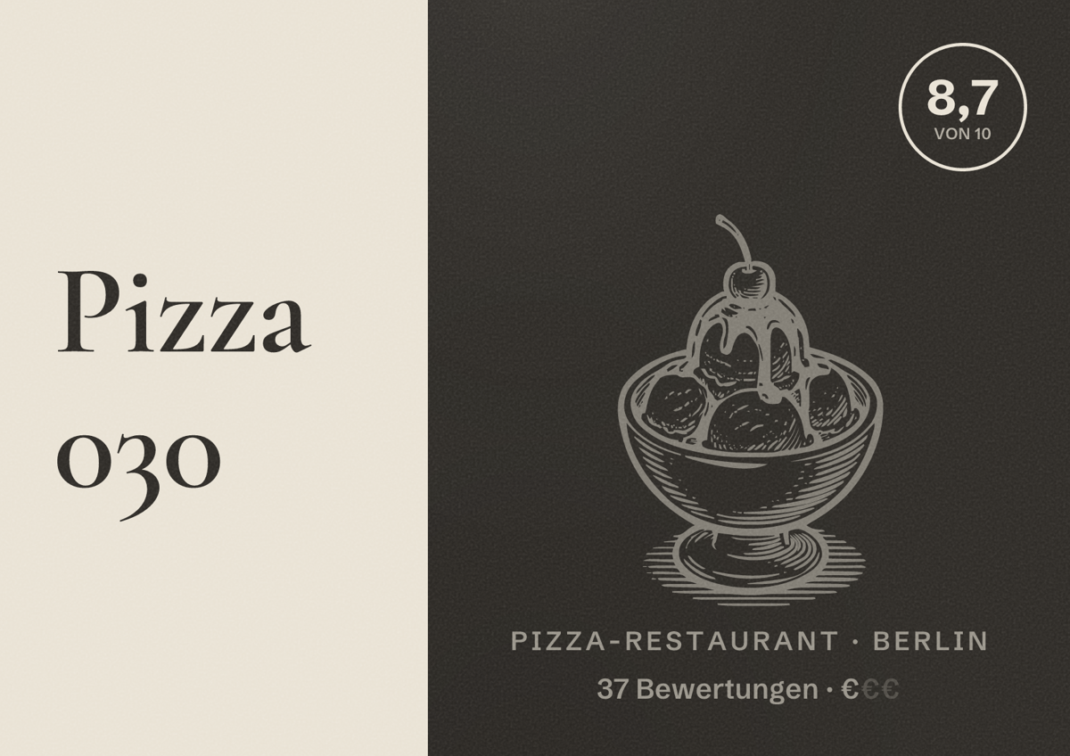 Illustriertes Poster von Pizza 030, Pizza-Restaurant in Berlin: Bewertung 8,7 von 10 aus 37 Bewertungen, Preisniveau €