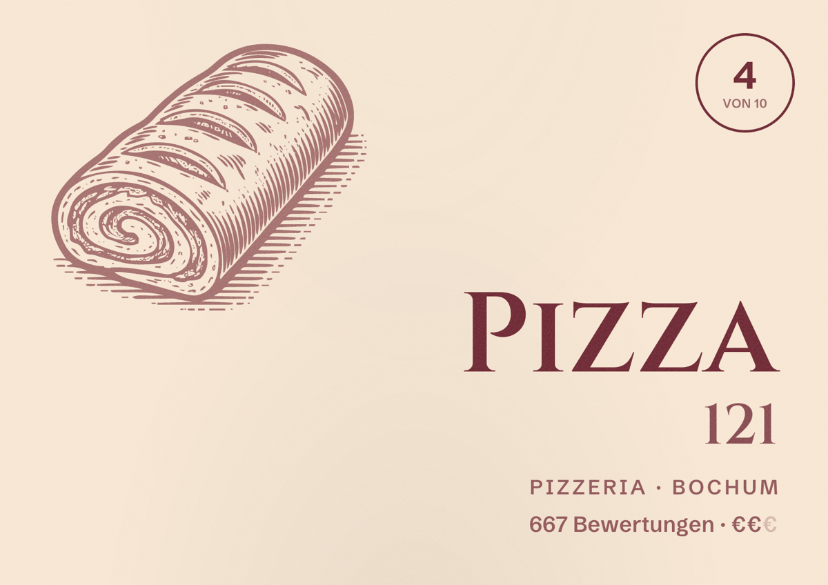 Illustriertes Poster von Pizza 121, Pizzeria in Bochum: Bewertung 4 von 10 aus 667 Bewertungen, Preisniveau €€