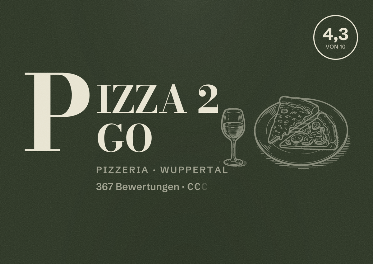 Illustriertes Poster von PIZZA 2 GO, Pizzeria in Wuppertal: Bewertung 4,3 von 10 aus 367 Bewertungen, Preisniveau €€