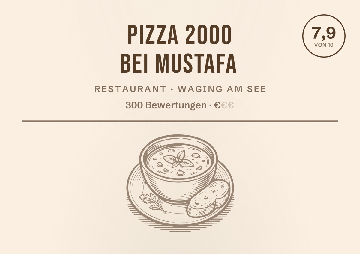 Illustriertes Poster von Pizza 2000 bei Mustafa, Restaurant in Waging am See: Bewertung 7,9 von 10 aus 300 Bewertungen, Preisniveau €